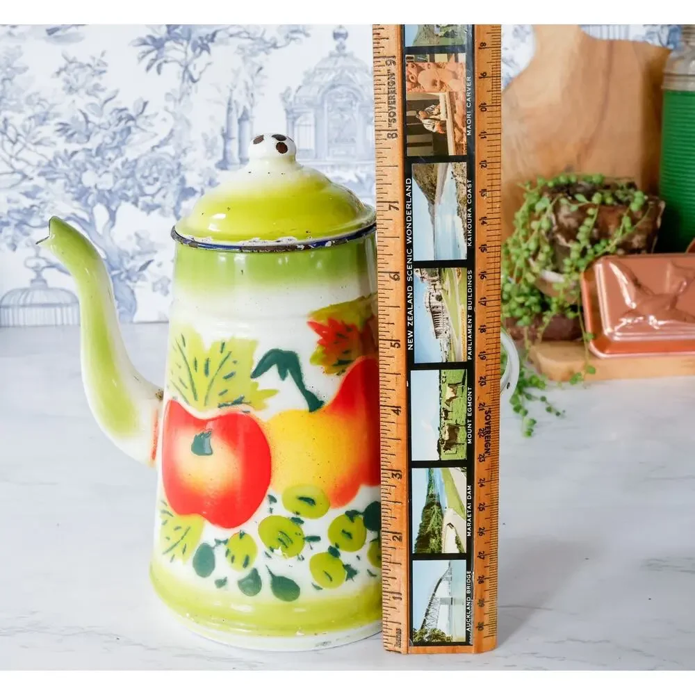 Vintage Fruit Enamelware Coffee Tea Pot MCM Retro Cottage Farm Grandma Tea Party